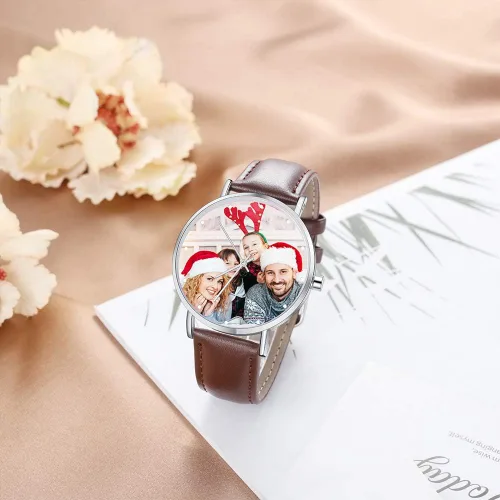 Vista 3 de OPALSTOCK Reloj personalizado grabado con palabras y foto, correa de cuero, hecho a mano, para pareja, regalo personalizado para el padre, madre