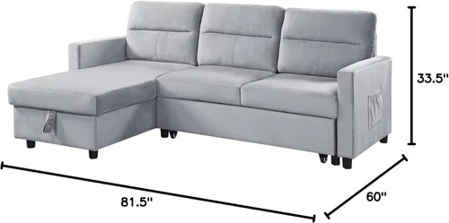Vista 2 de Daesar Sofá seccional reversible de terciopelo gris claro con diván de almacenamiento y bolsillo lateral
