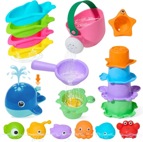 Vista 9 de Juguetes de baño sin moldes, 11 piezas Botes flotantes seguros, fáciles de limpiar y divertidos & cuchara & regadera y juguete de ballena