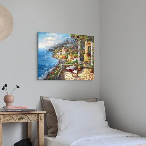 Vista 4 de Pintura de Italia lienzo al óleo arte de la pared: arte mediterráneo de paisaje urbano italiano, imagen de mar italiano, decoración moderna