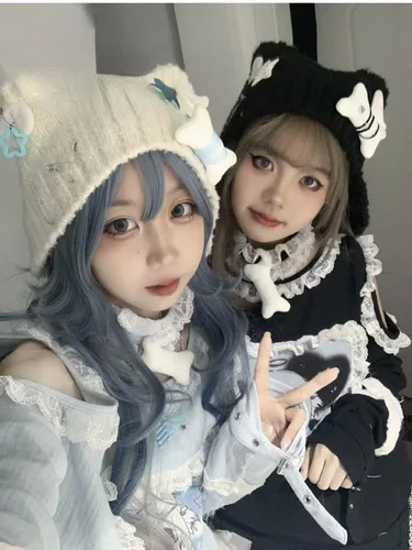 Vista 5 de Harajuku Y2k Star Plush Bone Knit Hat Women Gothic Punk Angel Wings Black Beanie Hat
