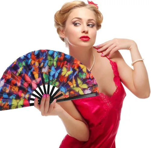 Vista 6 de Paquete de 2 ventiladores de mano plegables grandes con bolsas, ventilador de mano de verano para hombres y mujeres para festivales de música, baile