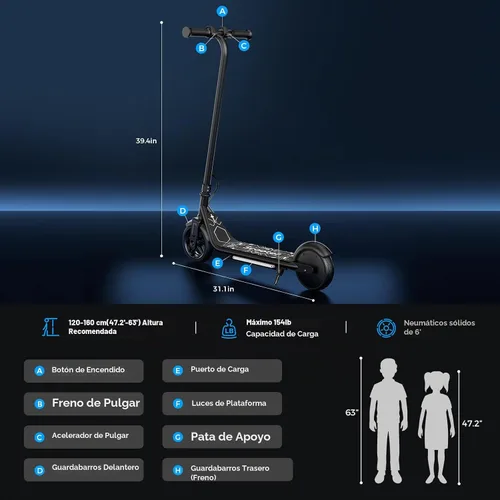 Vista 6 de Electric Scooter for Kids Ages 6-12, 150W Motor, Simple One-Button Control, 2 Safe Speeds (6/10 MPH), K2 Pro for 3 Speeds, Colorful Lights, Magnetic
