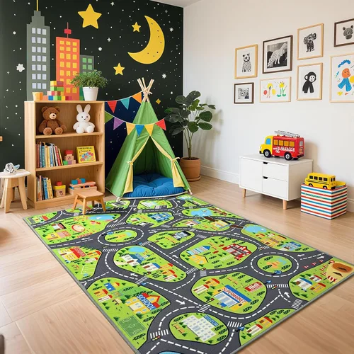 Vista 9 de Alfombras de juego de autos para niños, 36 x 60 pulgadas, tapete de juego de mapa de ruta urbano para jugar con autos, camiones, tapete de juego