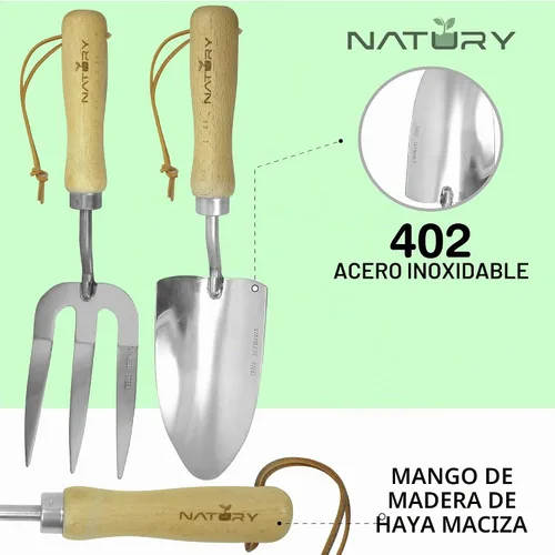 Vista 3 de Juego de herramientas de jardín – Herramientas de mano de jardinería de acero inoxidable premium con mango de madera de haya maciza – Kit