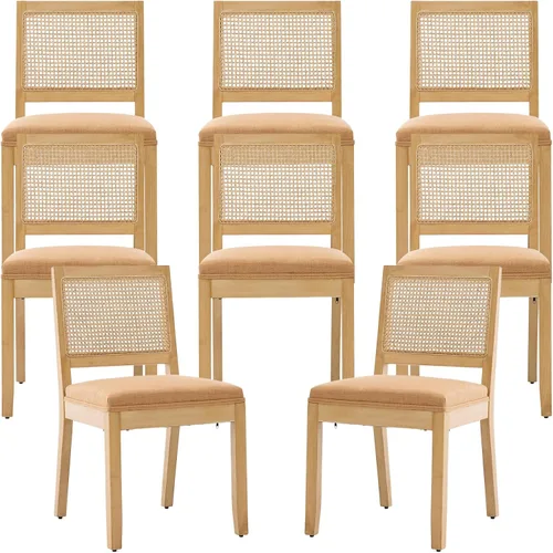 Vista 14 de ODUSE-DAILY Juego de 2 sillas de comedor French Country color beige, sillas de comedor de madera bohemia con respaldo tejido y asiento tapizado