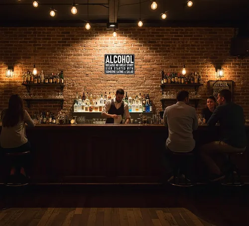 Vista 4 de Crazysign Letrero divertido de barra con texto en inglés "Alcohol Because No Great Story Ever Started with Someone Eating Salad Tin Salad Tin