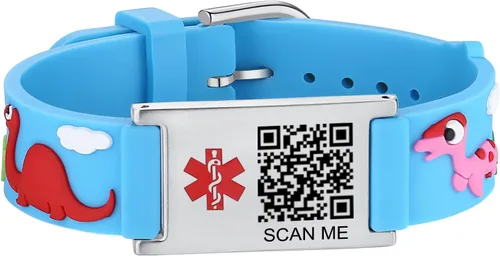 Vista 6 de LinnaLove Medical Alert ID Bracelet – Custom or Pre-Engraved, QR Code Available,Blue Dinosaur Band