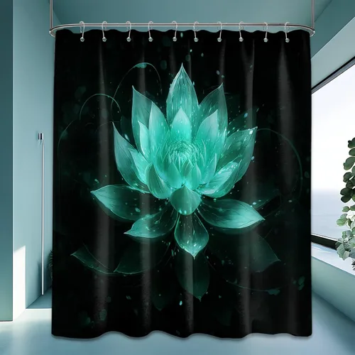 Vista 63 de Cortina de ducha con flores de loto negro y azul para decoración de baño, juego de cortinas decorativas de baño con estampado floral, tela