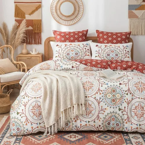 Vista 9 de Omelas - Juego de funda de edredón bohemio tamaño Queen, ropa de cama floral boho colorida, edredón súper suave de microfibra, funda de edredón