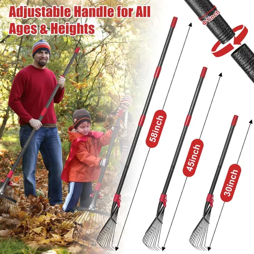 Vista 4 de Rastrillo ajustable para hojas de jardín, rastrillo de hojas de metal resistente de 58 pulgadas con cabeza expandible (8 a 17 pulgadas), rastrillos