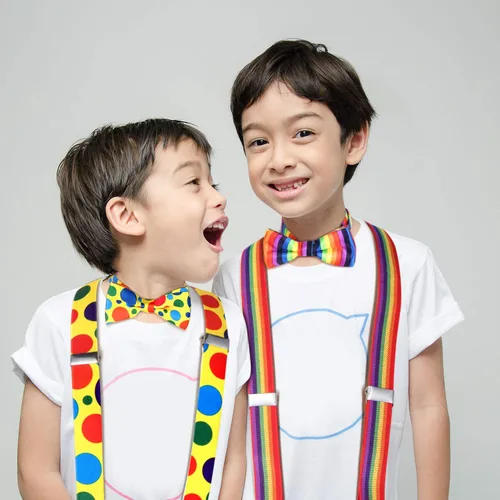 Vista 6 de Juego de 4 tirantes para niños, tirantes ajustables y pajarita para fiesta, como muestra la foto, Arco iris y lunares.