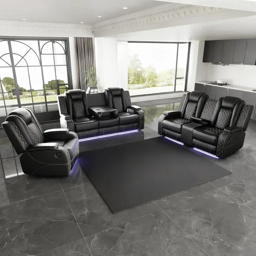 Vista 31 de Juego de sofá modular reclinable eléctrico con luz LED, juego de sofá modular reclinable de cuero, incluye sillón reclinable individual, juego