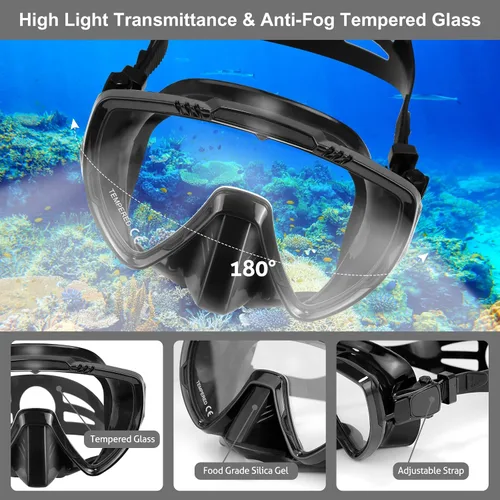 Vista 2 de Snorkeling Gear for Adults, Mask Fins Snorkel Set, Panoramic View Diving Mask Anti-Fog, Anti-Leak, Dry Top Snorkel and Dive Flippers with Travel Bag