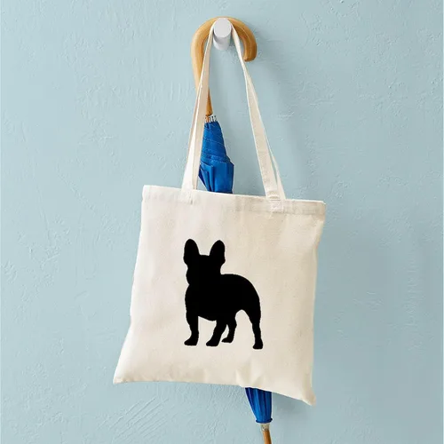 Vista 4 de CafePress Bolso de compras de lona beige natural reutilizable de la silueta del bulldog francés