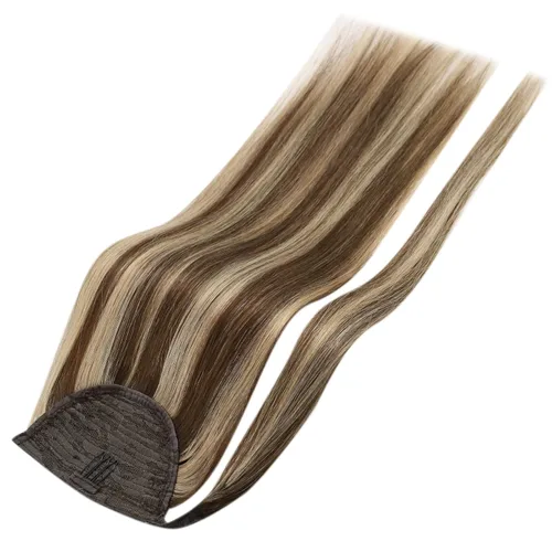 Vista 8 de Extensiones de cabello Full Shine con clip para cola de caballo, cabello humano, tonos medios marrones y rubio miel, envoltura alrededor de la cola