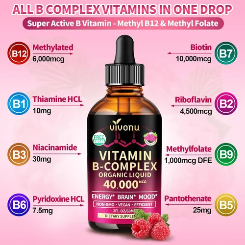 Vista 3 de VivoNu Gotas líquidas de complejo de vitamina B, vitamina B12 metilada de 6000 mcg, B1, B6, B3, B5, B2, folato, biotina con vitamina C D A E