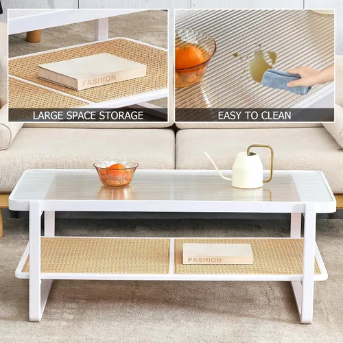 Vista 5 de Mesa de centro moderna minimalista blanca de doble capa de madera maciza. Mesa de cristal, mesa con borde de ratán de imitación. Mesa rectangular
