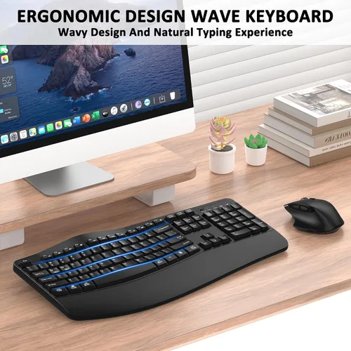 Vista 2 de Combo de teclado y mouse inalámbricos, teclas de onda ergonómica 2.4G (negro) Full Size Wave Keyboard with Wrist Rest, 3-Level DPI Adjustable