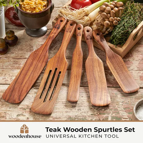 Vista 2 de Juego de 5 espátulas de teca, herramientas de cocina de madera, utensilios de cocina antiadherentes para servir, agitar, mezclar, raspar, recoger