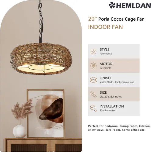 Vista 3 de Candelabro de ratán boho con ventilador de techo, canasta tejida a mano estilo granja con ventilador de techo, altura ajustable para isla de cocina