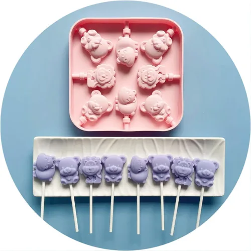 Vista 11 de Juego de moldes de silicona para piruletas con diseño de pata de gato y molde de chocolate hipopótamo con 50 palitos de chupón, bolsas de dulces