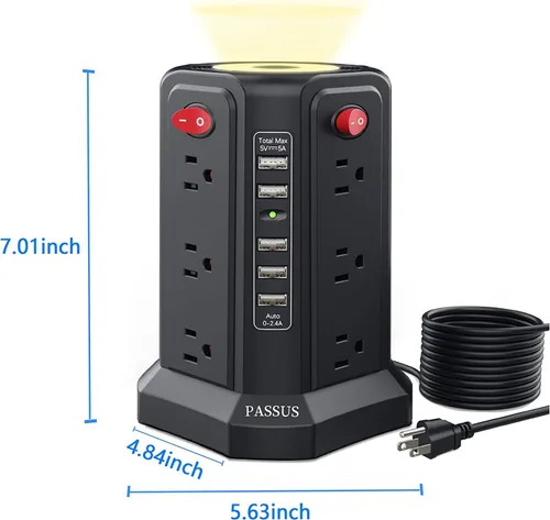 Vista 6 de Regleta de protección contra sobretensiones con torre y 5 puertos USB y luz nocturna, cable de extensión de 10 pies con 12 tomas múltiples de CA