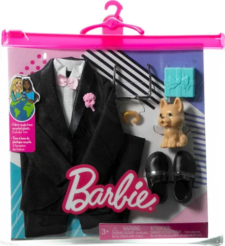 Vista 2 de Barbie Ken Fashion Pack, conjunto nupcial con traje de novio para muñeca Ken, incluye esmoquin y zapatos, cachorro y 3 accesorios