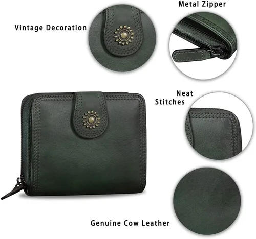 Vista 6 de Billeteras de cuero plegables para mujer, estilo vintage, hechas a mano, pequeño, con cremallera, Verdeoscuro, Billetera plegable