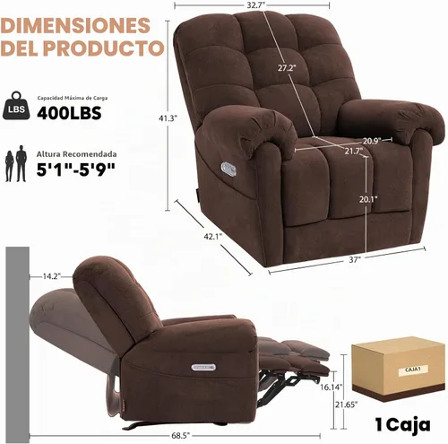 Vista 3 de EONIX - Mecedora reclinable de doble motor con calor y masaje, color café
