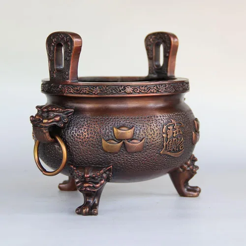 Vista 4 de Yunhao8 Chino Puro Bronce Cobre Tesoro Riqueza Foo Perro León Ding Incienso Quemador Incensario