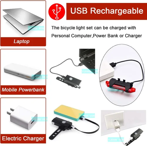Vista 3 de Juego de luces recargables para bicicleta, luz trasera de bicicleta ultra brillante para montar por la noche, faro delantero y trasero esencial
