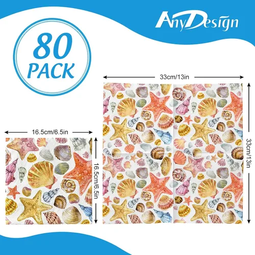 Vista 2 de AnyDesign 80 servilletas de papel de concha de mar, servilletas de almuerzo de concha de océano tropical para verano, postres náuticos, cena