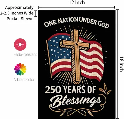 Vista 9 de Blessings America Bandera de Jardín 250, Una Nación Bajo Dios, Diseño de Cruz Patriótica del 250º Aniversario de EE.UU., Arpillera de Doble Cara, 12