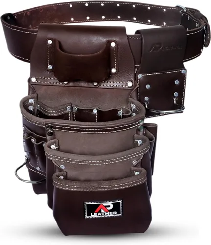 Vista 10 de Bolsa de herramientas de cuero AP LEATHER Pro-015 para construcción, resistente, con soporte para martillo, hebilla, 3 bolsillos grandes