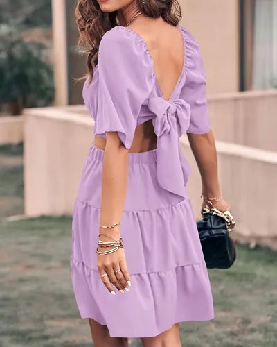 Vista 5 de BTFBM Vestidos de verano para mujer, cuello cuadrado, manga corta, recorte, cintura cruzada, casual, para fiesta, escalonado, mini vestido