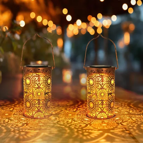 Vista 15 de Linternas solares para colgar al aire libre, linterna LED impermeable de metal con energía solar, decoración de patio, linterna con asa, idea
