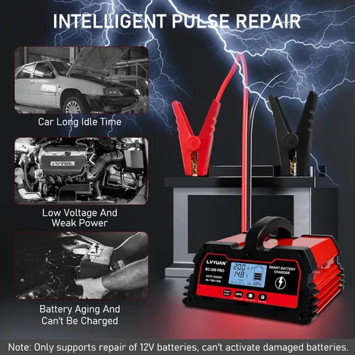 Vista 4 de LVYUAN Cargador de batería de 20 A, 12 V/24 V, cargador de batería inteligente para automóvil con cargador de goteo, cargador LiFePO4 de 12 V