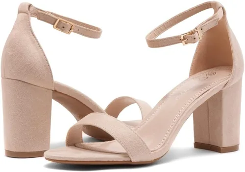 Vista 7 de Shoe Land Madeline - Sandalias de tacón bajo para mujer, con puntera abierta, correa al tobillo, tacón grueso, negro, dorado, azul, rojo, tacón