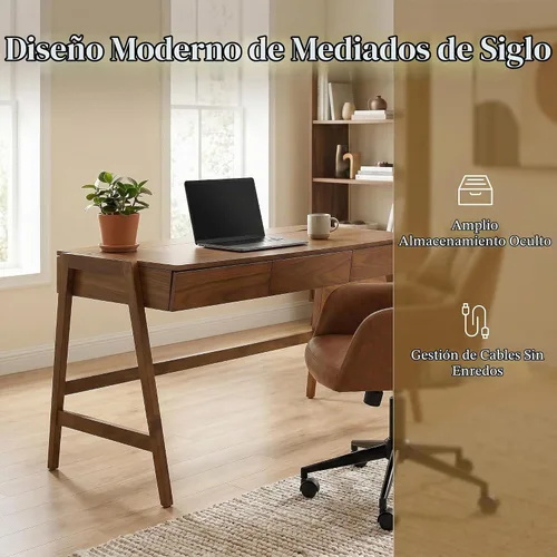 Vista 5 de HNY Escritorio de madera de nogal de 59 pulgadas con 3 cajones, mesa de estudio de computadora con parte superior de MDF, patas de madera de goma