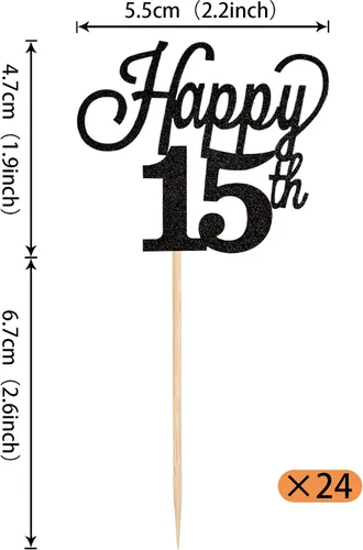 Vista 2 de Paquete de 24 adornos para cupcakes con purpurina número 15, quince cumpleaños, decoración para cumpleaños de 15 años, suministros de fiesta de Negro