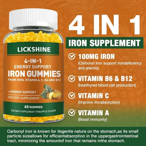 Vista 2 de Paquete de 2 gomitas veganas de suplemento de hierro de 100 mg para mujeres y hombres, con vitamina C, A, B para adultos y niños, apoyo energético