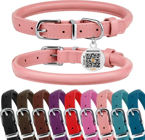 Vista 10 de Collar de perro de cuero enrollado, etiqueta QR, antienredos