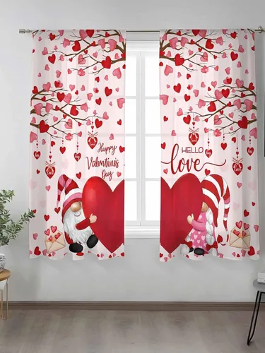 Vista 2 de Cortinas CosyBright Feliz Día de San Valentín, 63 Pulgadas de Largo, 2 Paneles, Gnomos, Cortina de Ventana Roja, Corazón de Amor, Árbol, Cortinas