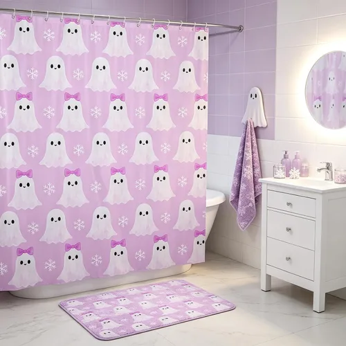 Vista 30 de Happy Halloween Shower Curtain,Bowknot Snowflake Pattern Bathroom Curtains,Sweet Ghost Holiday Theme Waterproof Bath Curtain,Black Bathroom Curtains