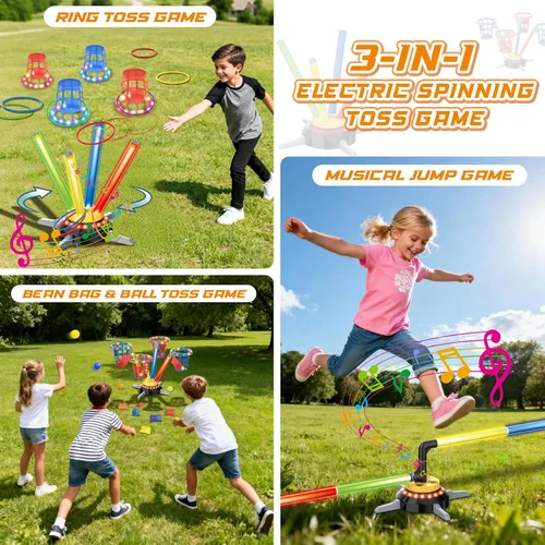 Vista 6 de VATOS Juego 3 en 1 de Sacos de Frijoles y Lanzamiento de Anillos, Salto Musical para Niños, Base Giratoria Eléctrica con Control Remoto, Luces, 12