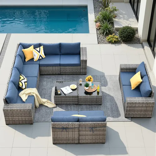 Vista 27 de Juego de muebles de patio de 6 piezas, sofá modular de mimbre para exteriores con mesa auxiliar, cómodos cojines, moderno sofá modular de ratán