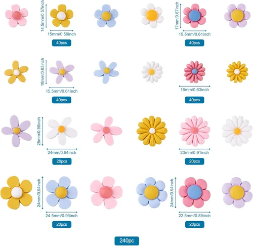 Vista 7 de Pandahall - 240 piezas de cabujones de resina de flores opacas con parte trasera plana sin perforar, cuentas autoadhesivas de girasol