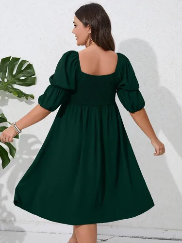 Vista 6 de SCOMCHIC Vestidos casuales de talla grande con cuello cuadrado para mujer, manga abombada, cintura alta, fruncido, acampanado, mini vestido corto