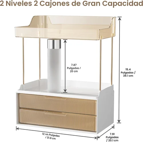 Vista 2 de Delamu Organizador y almacenamiento de baño, 2 niveles y 2 cajones, organizador de maquillaje, fácil de instalar, ideal para encimera de baño, Ámbar